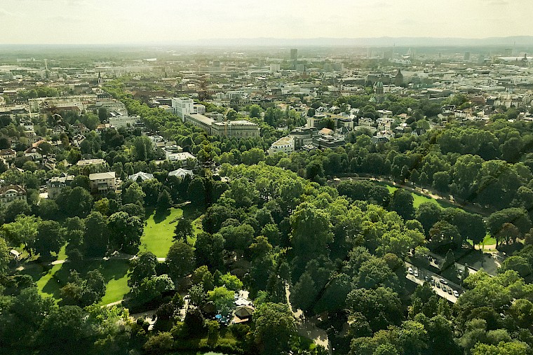 Stadt mit viel Grünfläche und Bäumen.